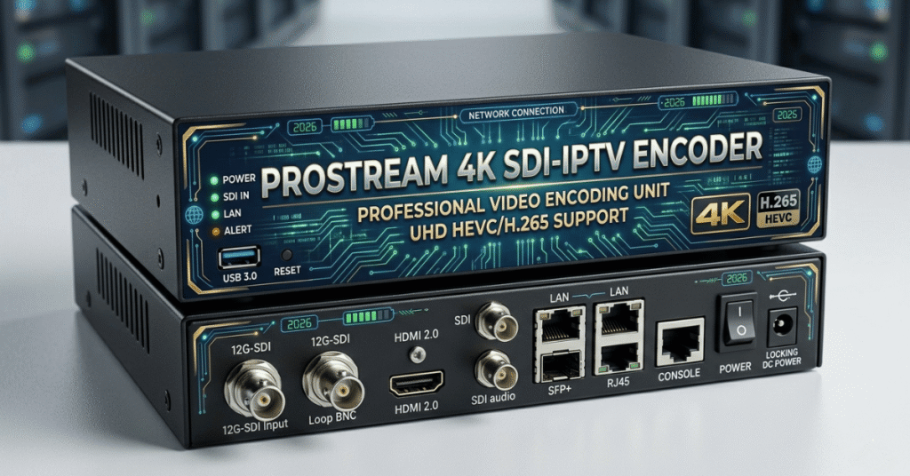 Professional 4K HEVC SDI to IPTV encoder showing 12G-SDI input and Gigabit Ethernet output